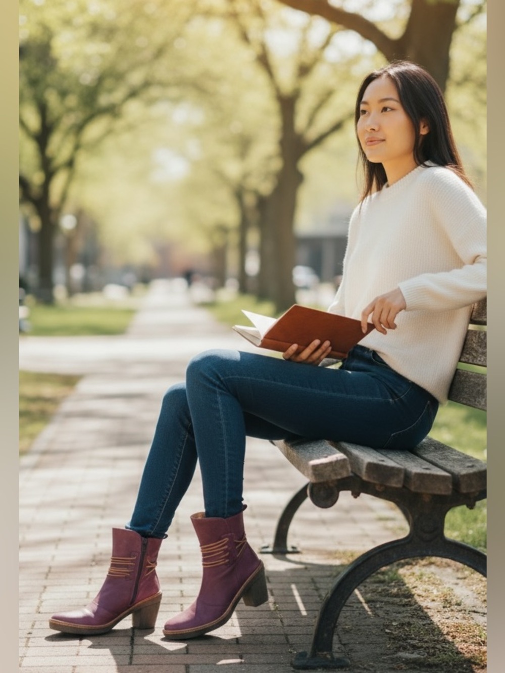 El Naturalista Women's Burgundy Leather Ankle Booties with Tan Wrap Laces